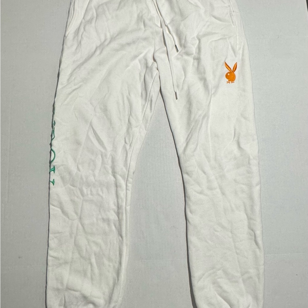Playboy Brand White Sweatpants, Drawstring, Embroidered, Men's Large #1015